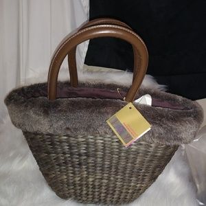 Bath & Body Works Brown Straw Fur Trimmed Bag